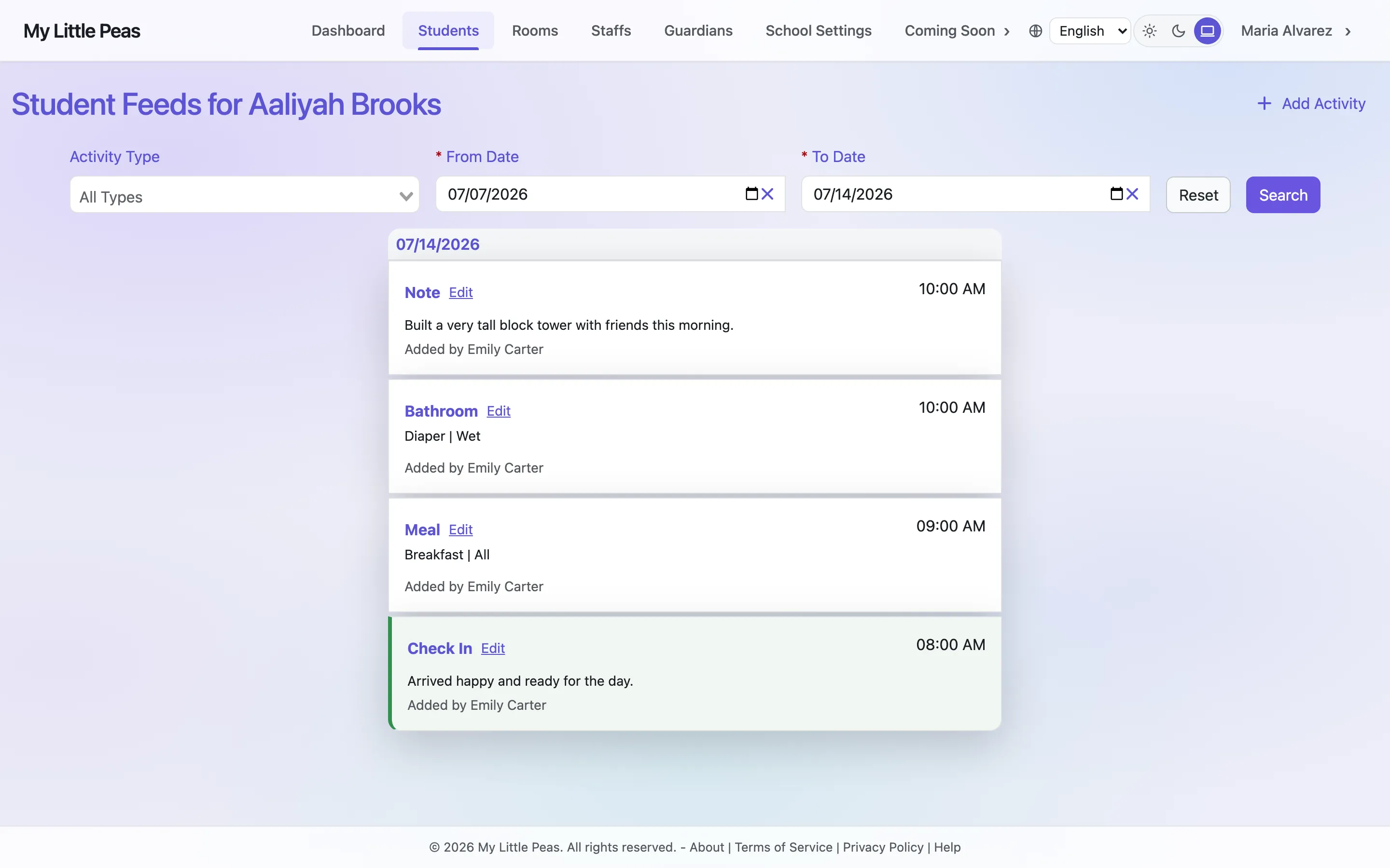 A child's activity feed with time-stamped check-in, breakfast, diaper change, and a teacher note