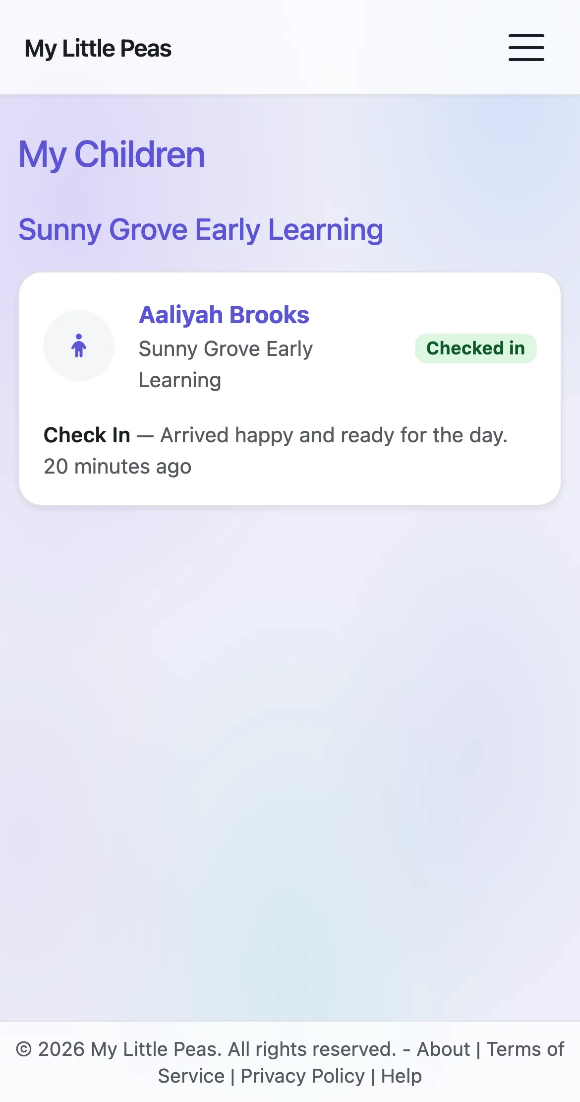 Guardian portal on a phone: a parent's view of their child's day with check-in status and the latest activity